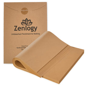 Zenlogy parchment paper 12x16 fits half-sheet pans for neat baking.
