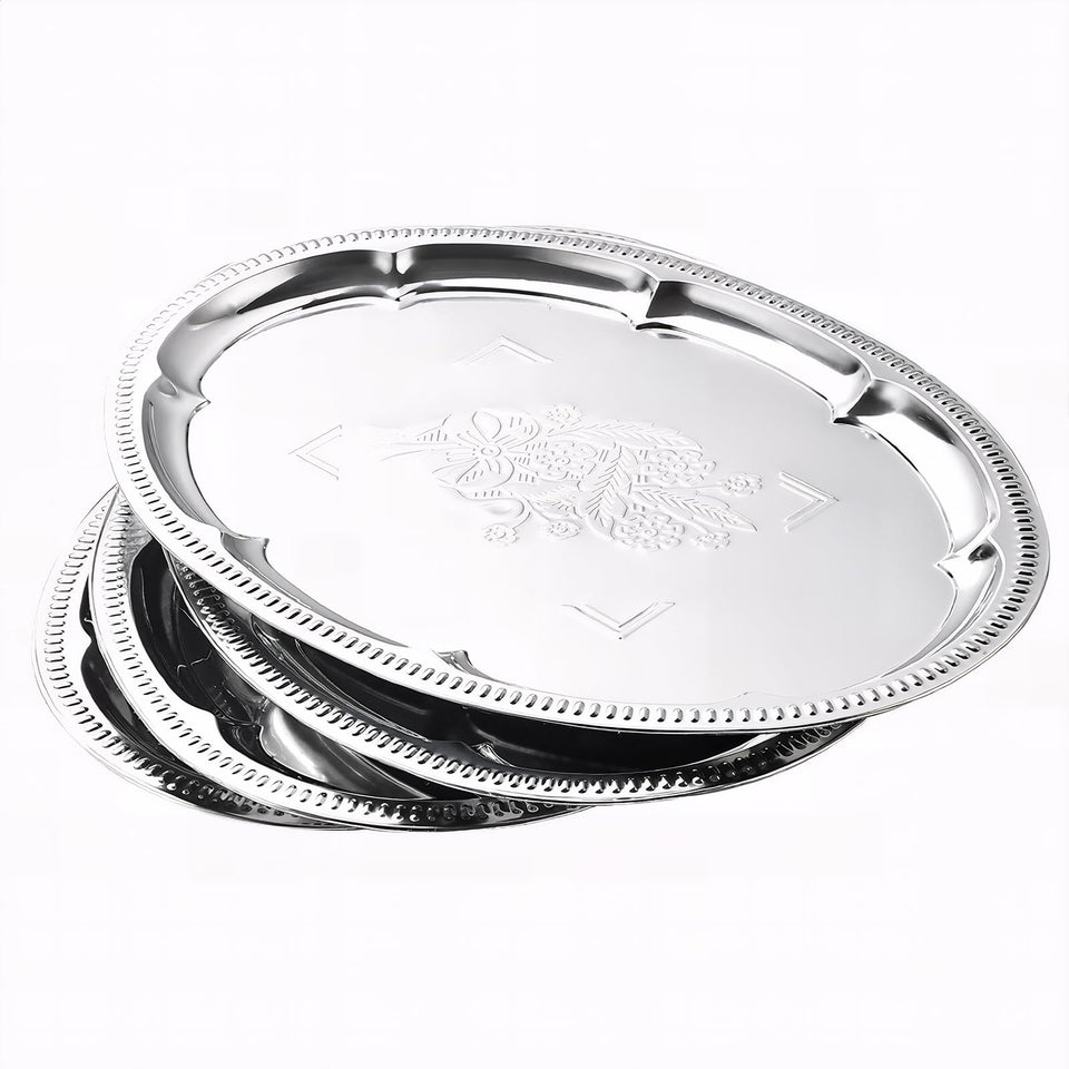 ZENOVLUX oval silver tray with floral engraving for an elegant party display.