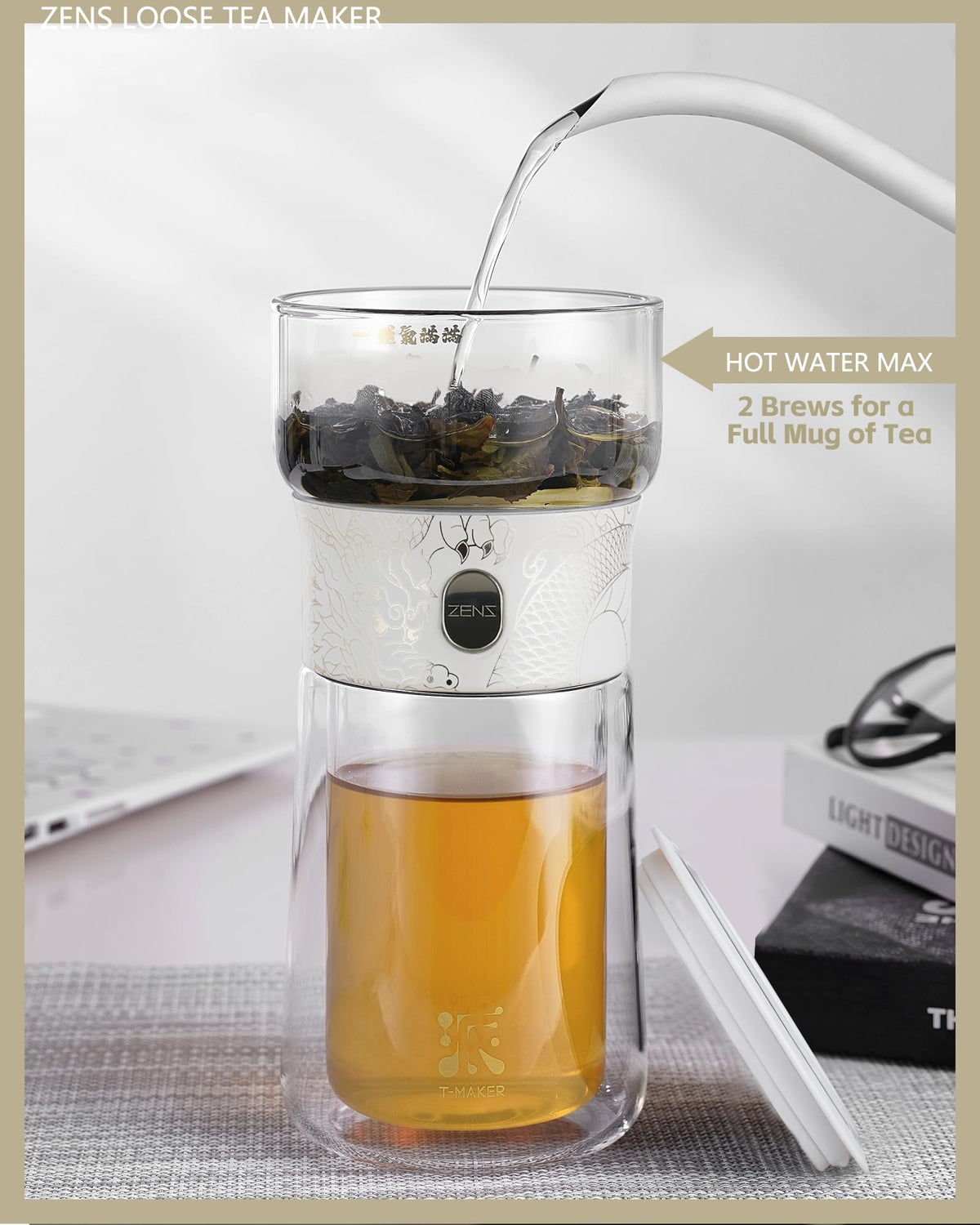 ZENS built-in infuser with 316 stainless steel filter prevents tea dregs.