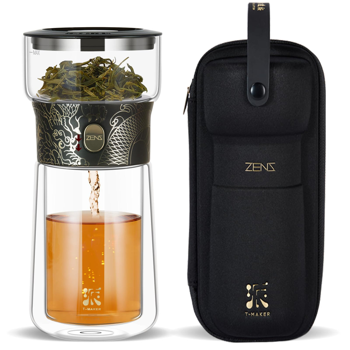 ZENS cool glass teapot with infuser featuring a dragon motif for premium loose-leaf tea.