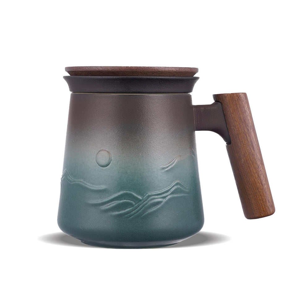 ZENS embossed ceramic tea mug with infuser and lid for daily loose leaf tea.