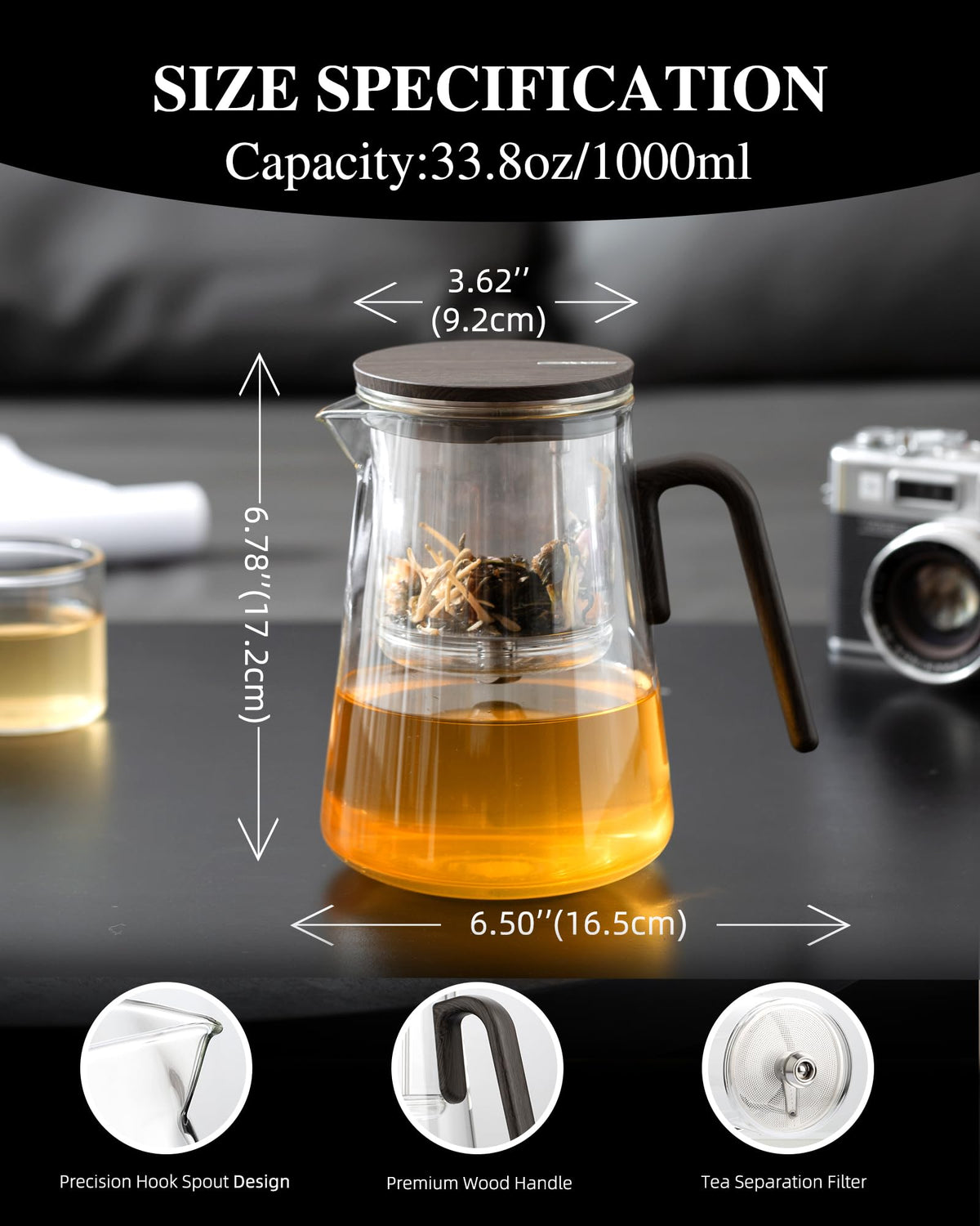 ZENS high borosilicate tea infuser captures loose leaves for clean infusion.
