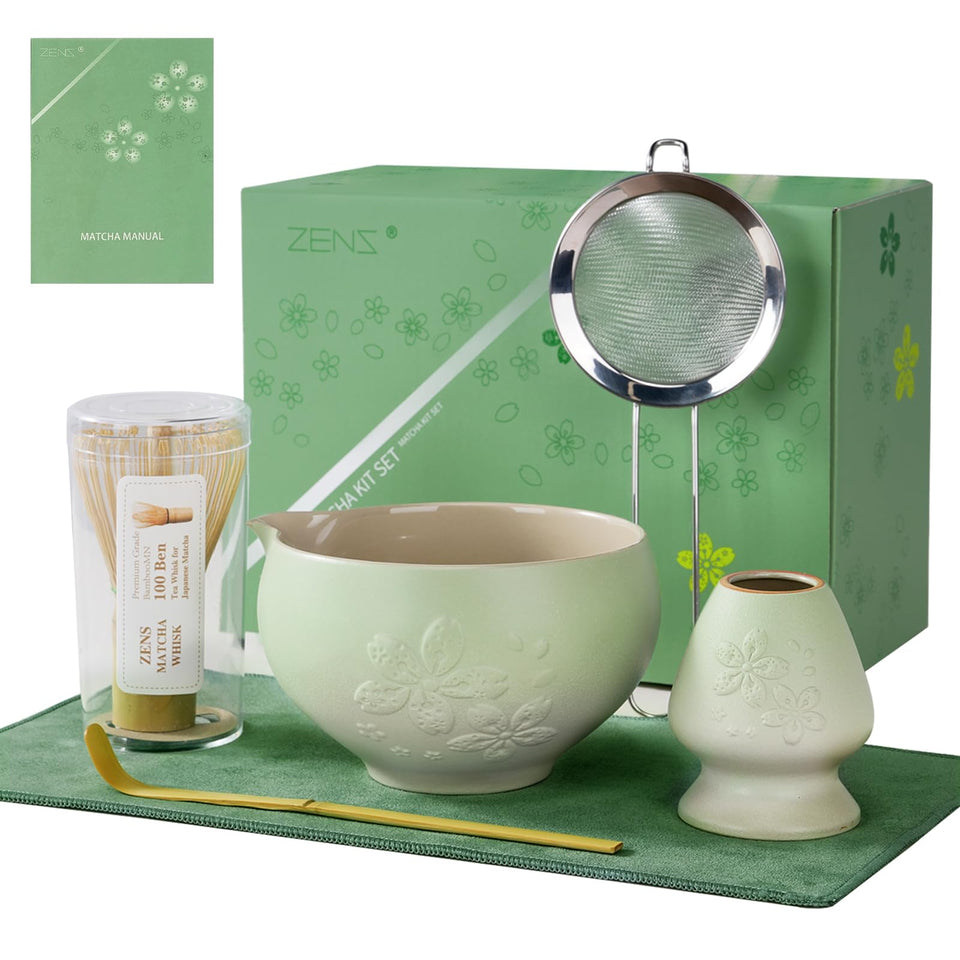 ZENS Matcha Set with sakura relief design enhances at-home tea rituals.