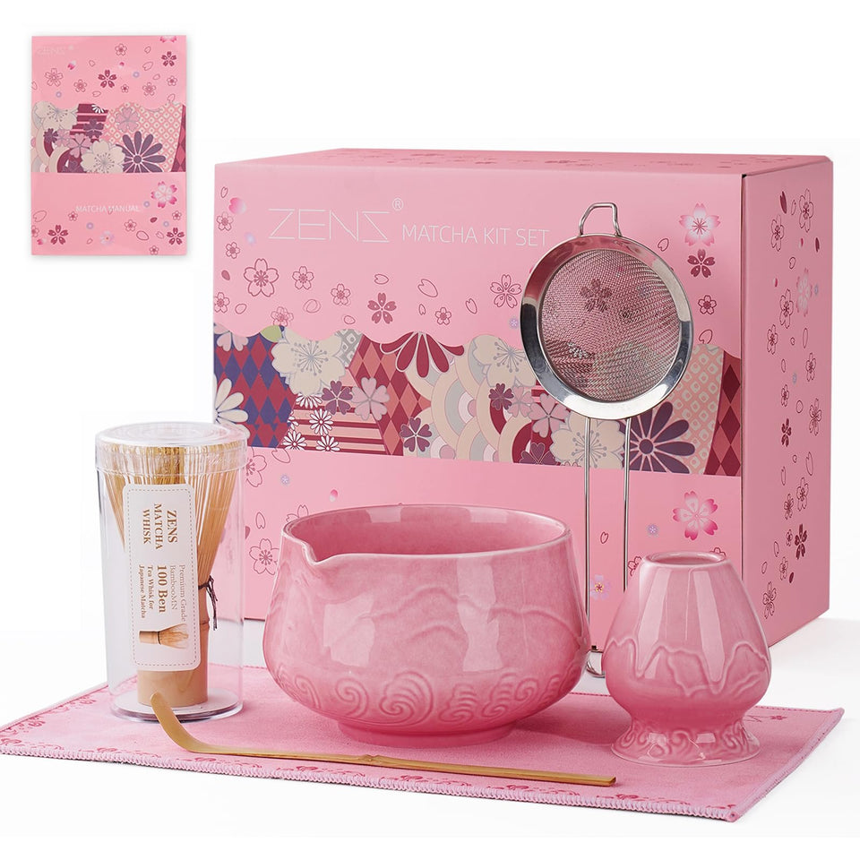 ZENS matcha whisk set with a pink bowl for refined tea rituals