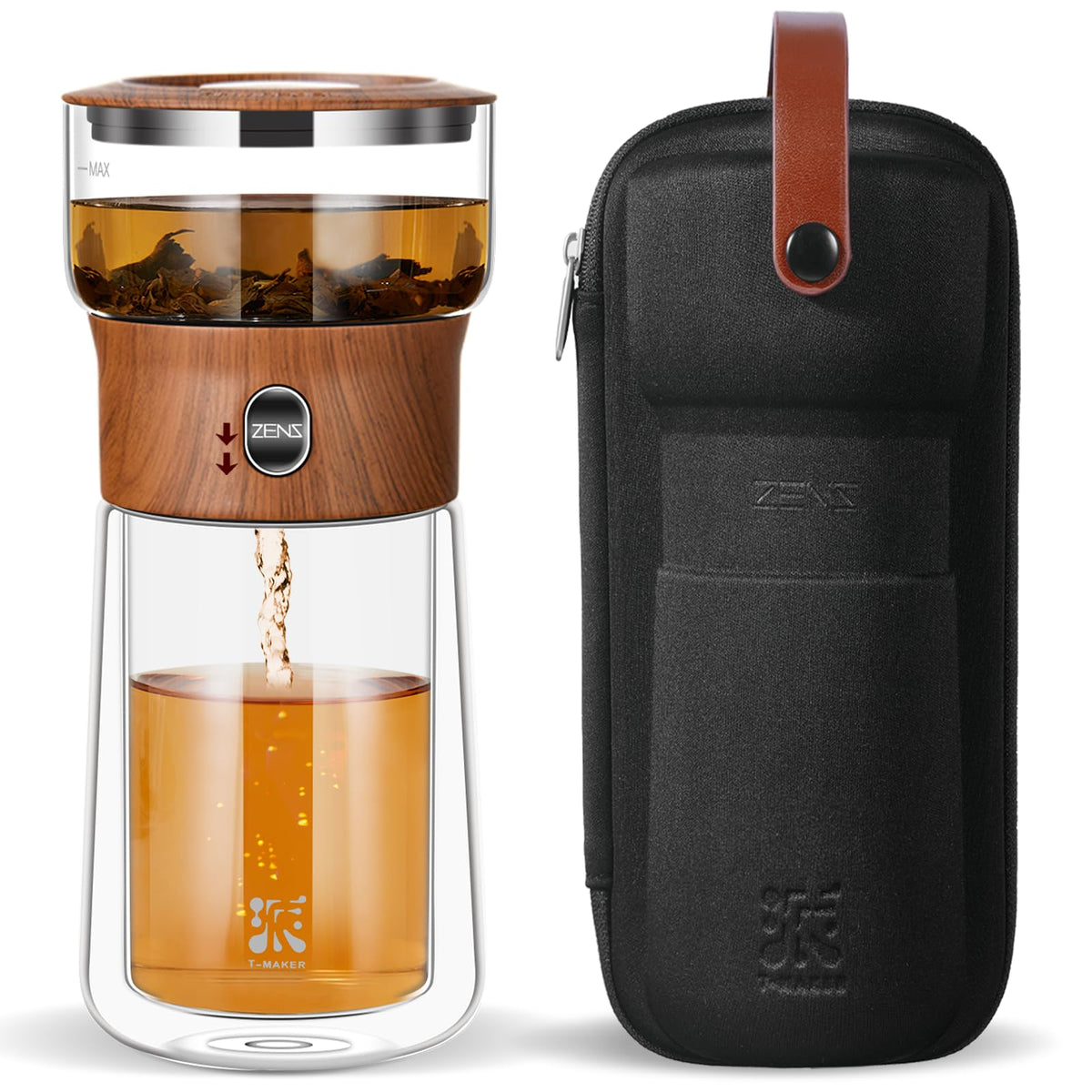 ZENS modern glass infuser teapot enables effortless one-touch brew.