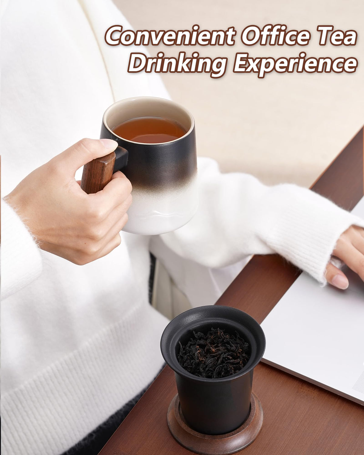 ZENS lead-free ceramic mug; dishwasher-safe infuser, hand wash recommended for wood