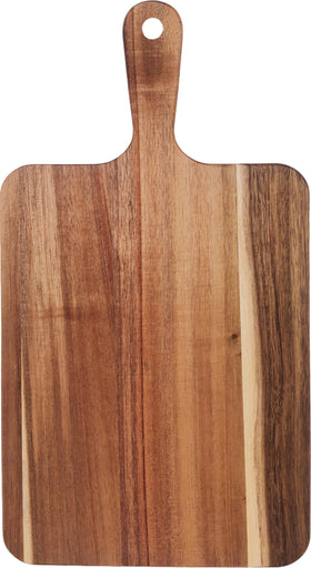 ZeQi acacia wood cutting board with ergonomic handle for easy transfers.