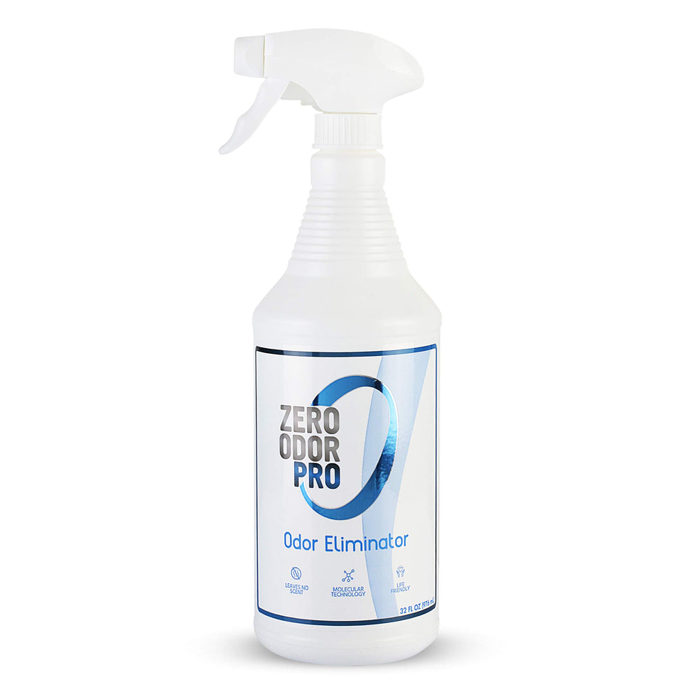 Zero Odor PRO odor eliminator spray bottle angled to show 32 oz size and odor control.