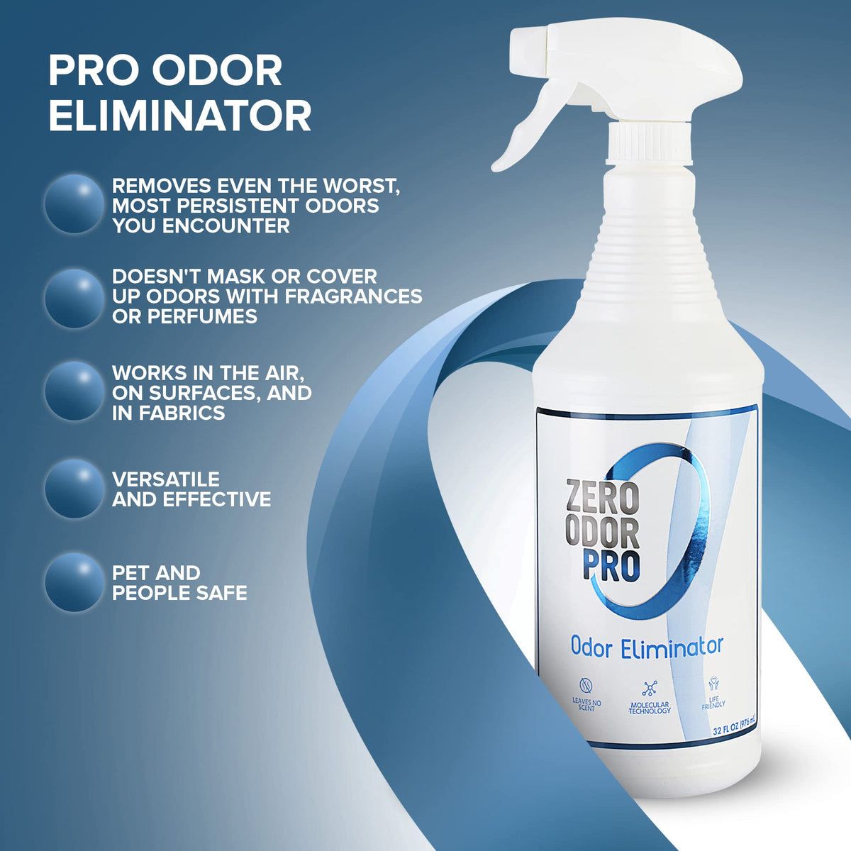 Zero Odor PRO bottle with cap close-up emphasizes packaging and ease of use.
