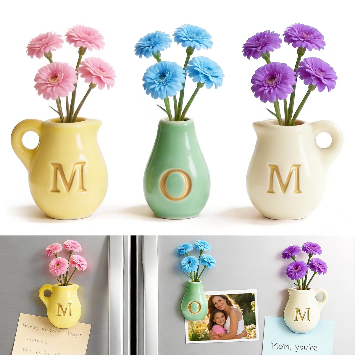 Zerobe mini ceramic vase fridge magnet with fake flowers brightens any fridge.