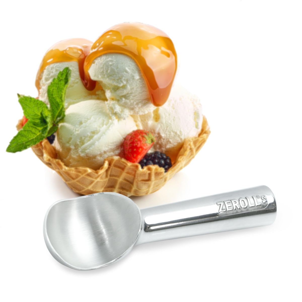 Zeroll 1012 heat-conductive fluid in handle enables easier release of frozen desserts.