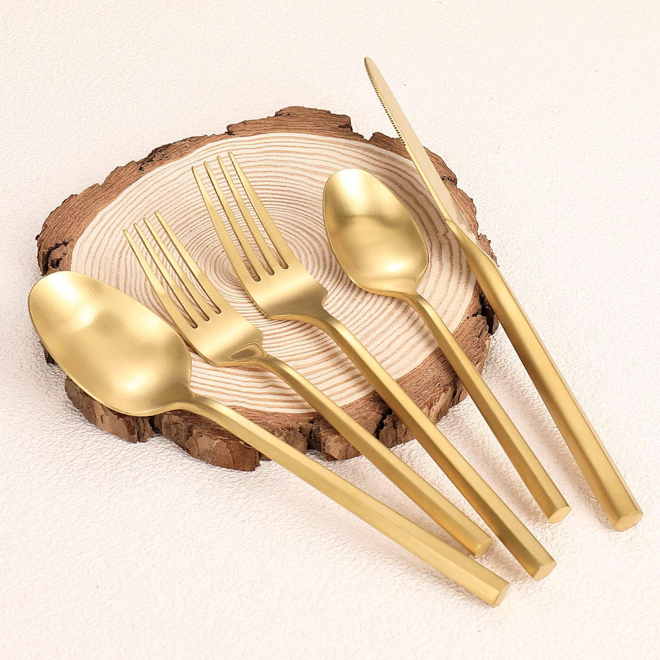 Zerophilo matte gold flatware 20-piece hexagon-handle dining set for elegant meals