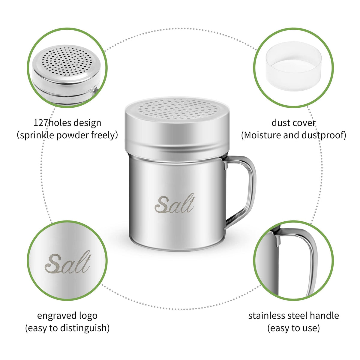 ZERUIDM stainless steel dredge shaker showing 127 holes for even distribution.