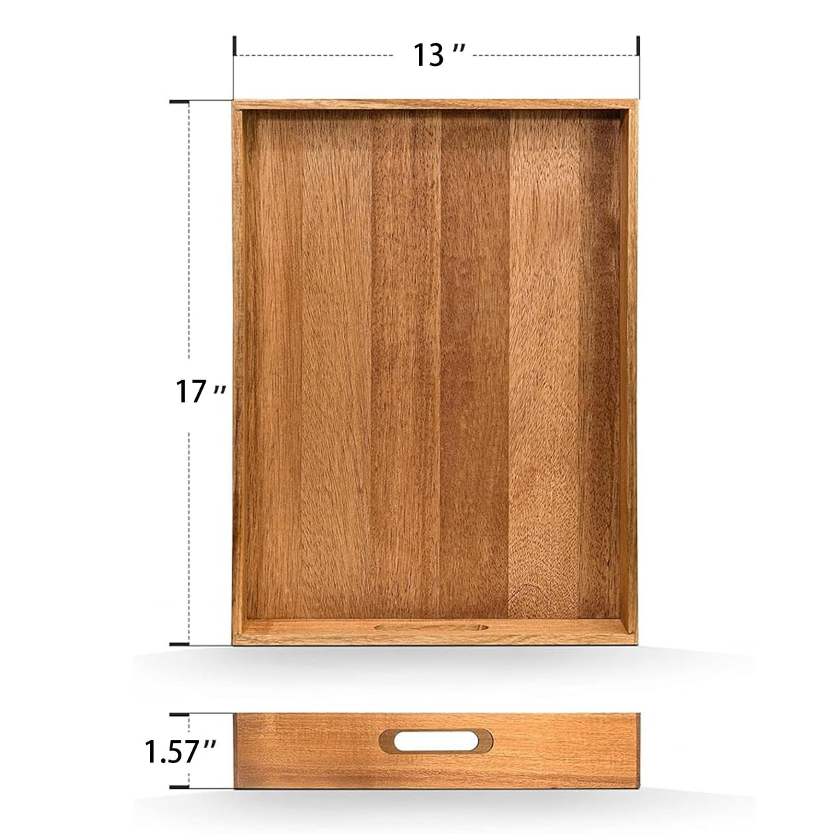 ZESPROKA acacia tray with ergonomic handles provides safe, easy carrying.