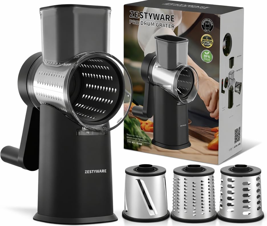 ZESTYWARE rotary cheese grater with foldable handle enabling easy shredding