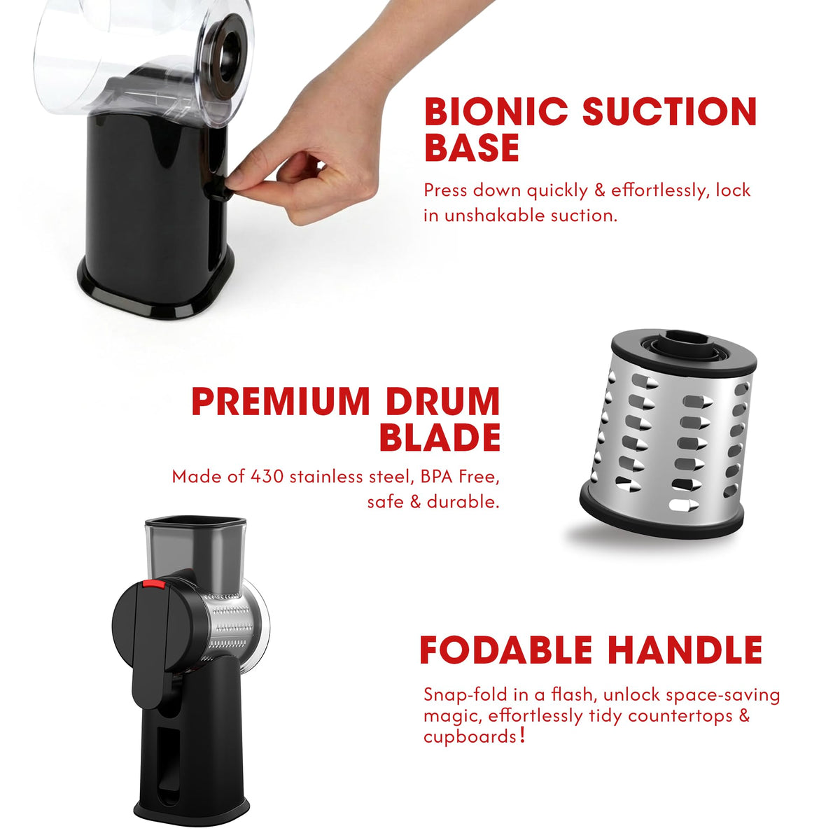 ZESTYWARE suction base locks onto counter for stable operation