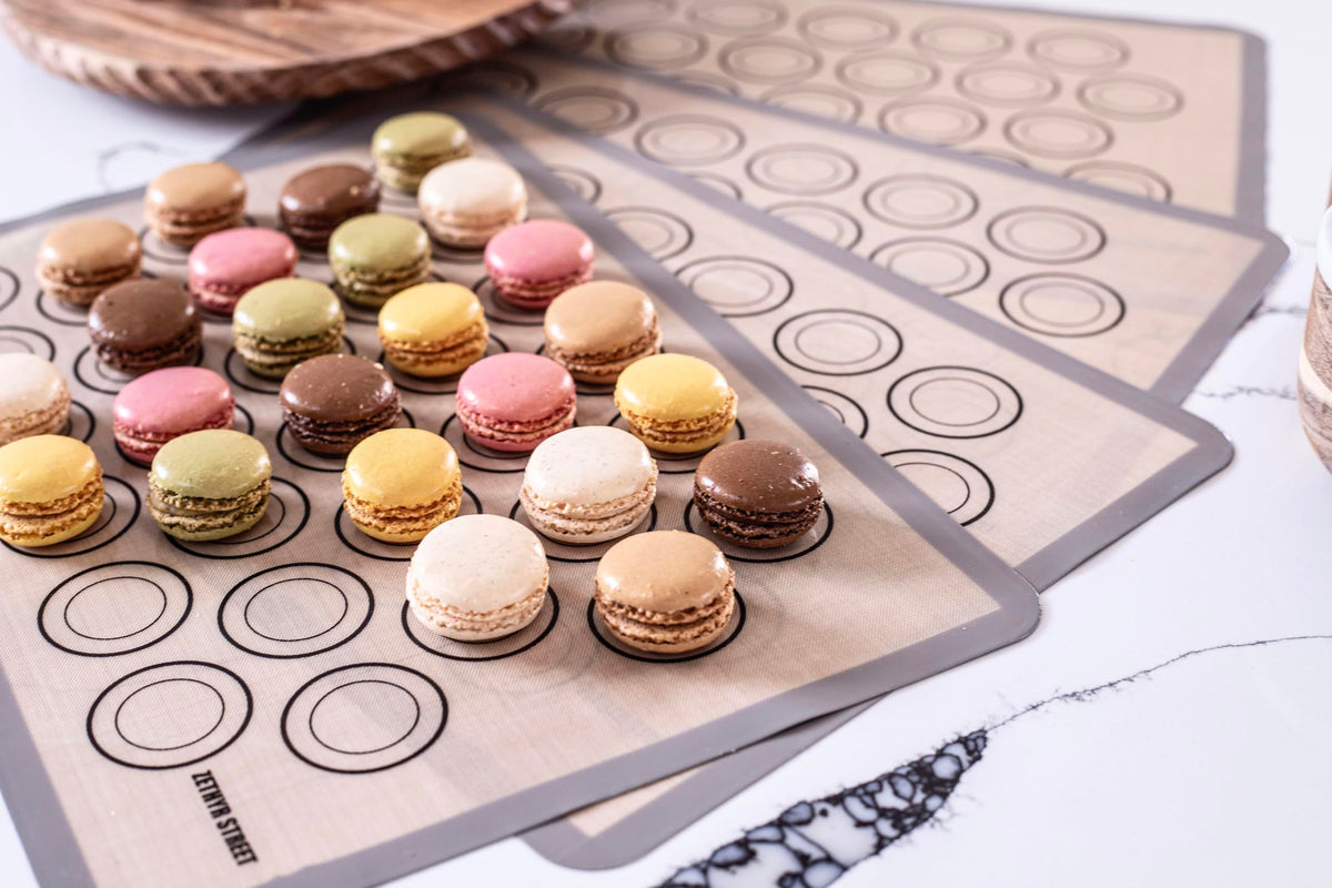ZETHYR STREET macaron silicone mat non-stick surface for quick release and easy cleanup.