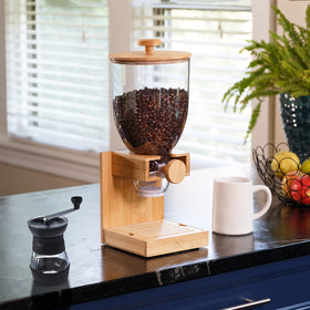 ZevrO dry food dispenser showing airtight lid and bamboo base