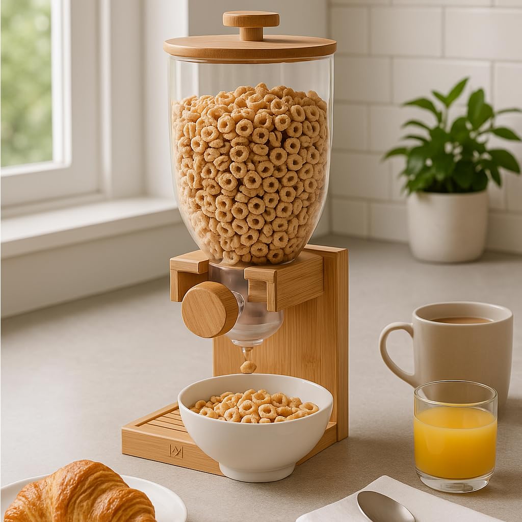 ZevrO bamboo cereal dispenser on kitchen counter for easy portioning