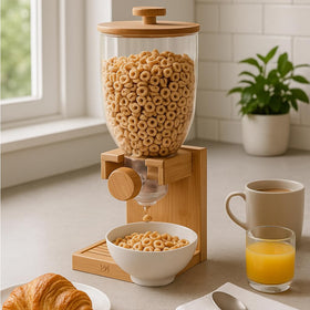 ZevrO bamboo cereal dispenser on kitchen counter for easy portioning