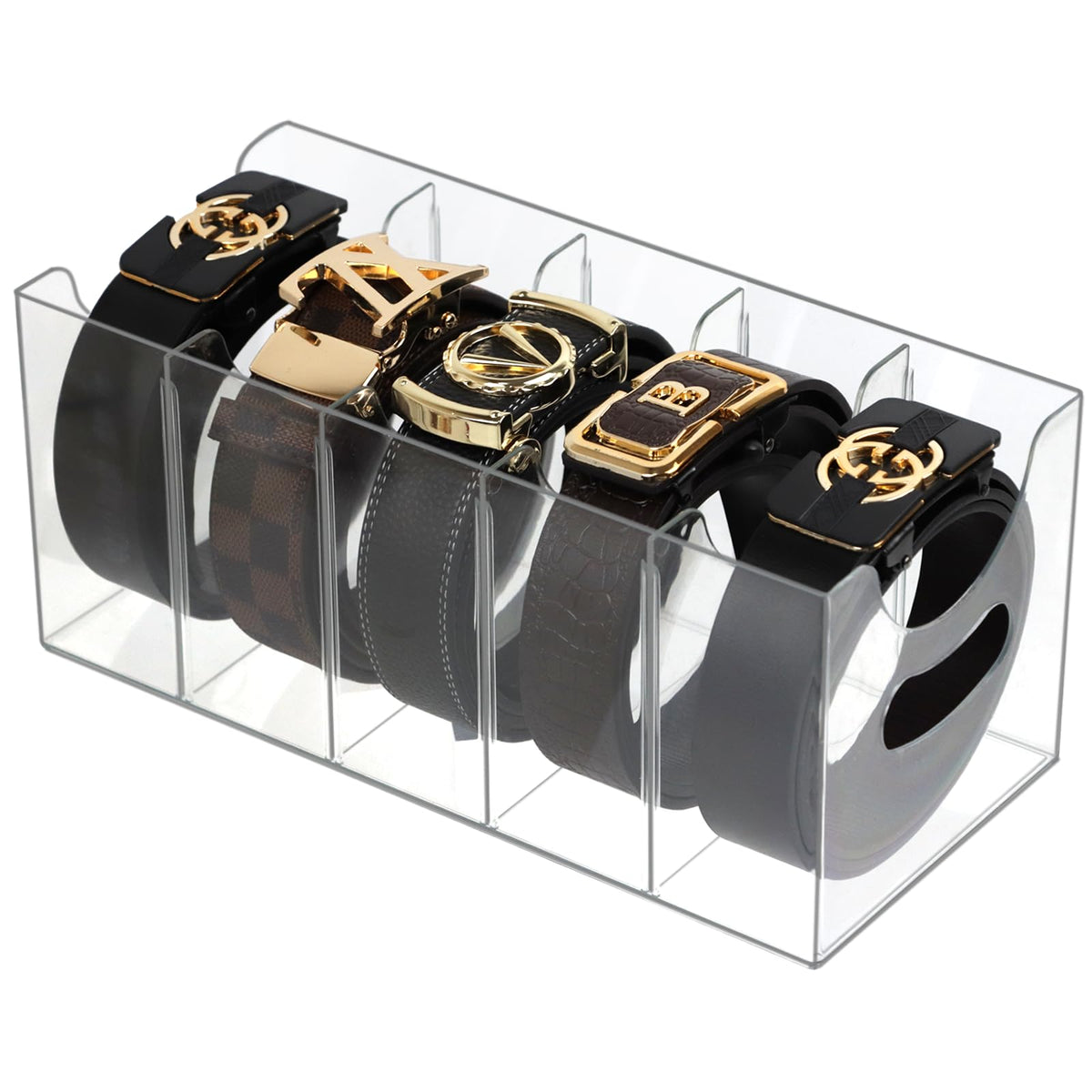 ZEXALOR acrylic belt organizer with five compartments for organized belts and accessories