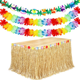 Zeyoy Hawaiian table skirt on a table for quick tropical setup.