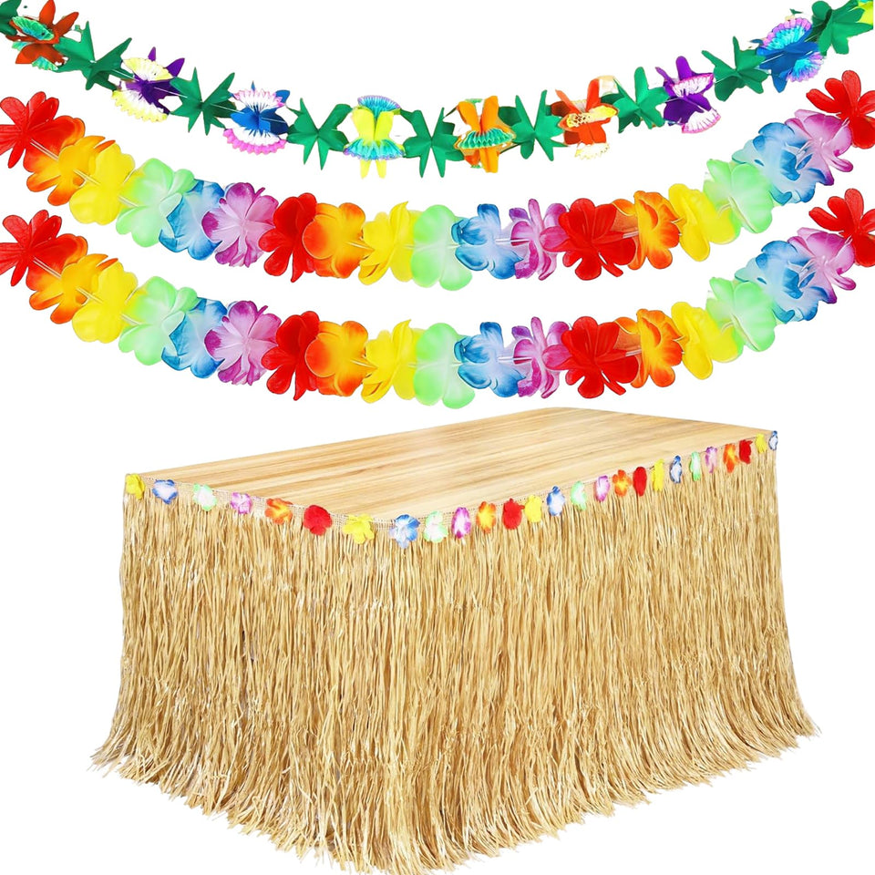 Zeyoy Hawaiian table skirt on a table for quick tropical setup.