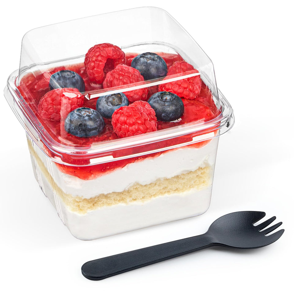 Zezzxu 8 oz square dessert cups with lids for parfaits and desserts.