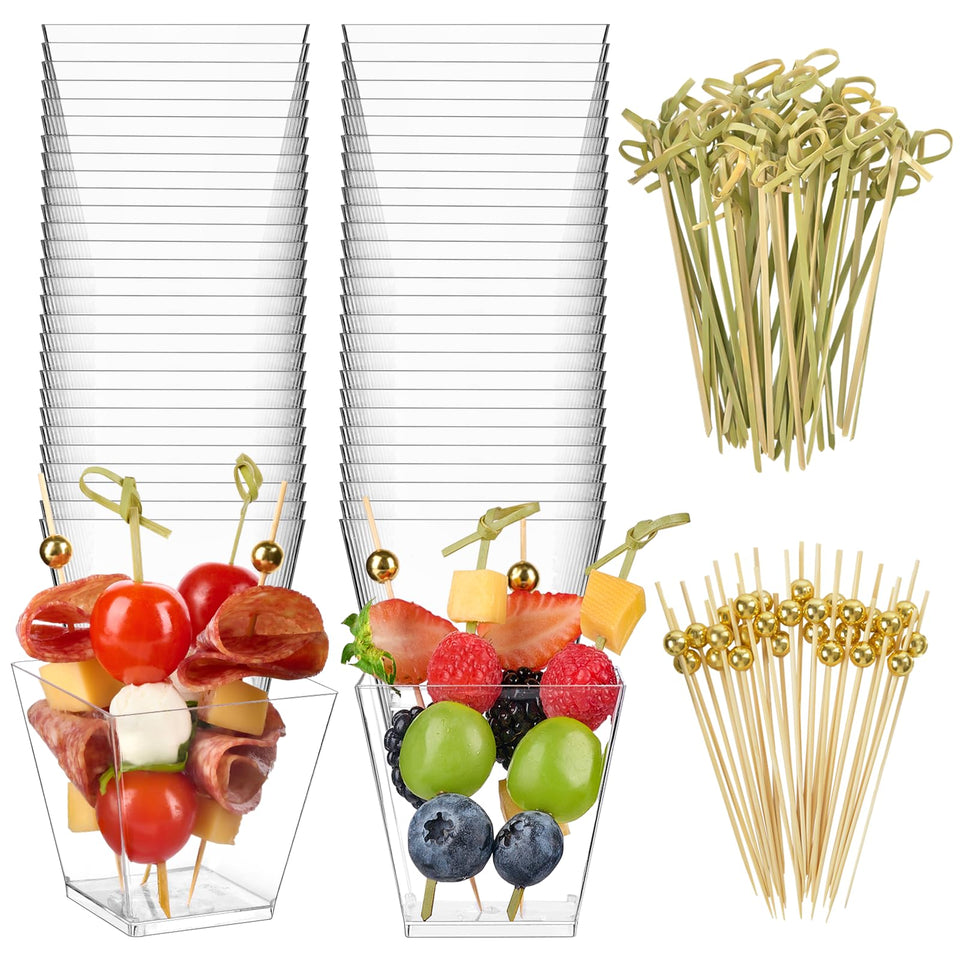 Zezzxu 7 oz clear charcuterie cups show crystal clarity for elegant appetizers.