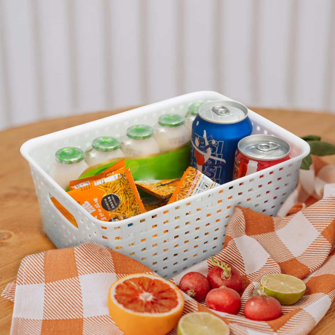 ZHENFAN white plastic basket on a desk for quick access to office supplies.