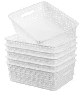 ZHENFAN white plastic weave basket side view, ideal for compact storage on desks and shelves.