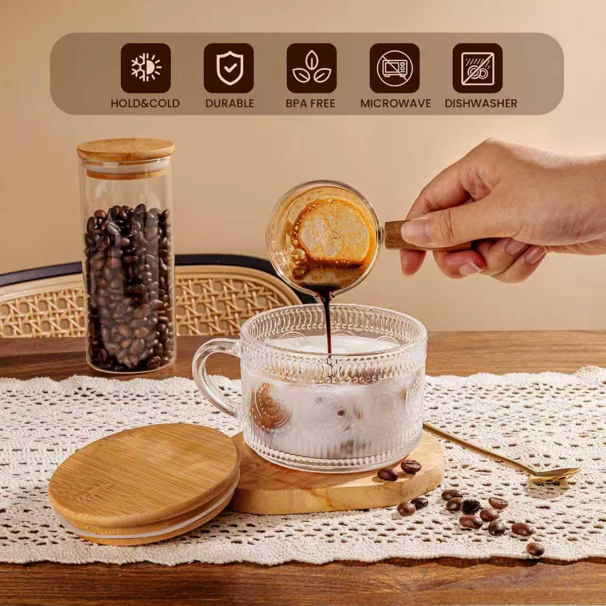 Gold-toned spoons paired with mugs for elegant table setting.
