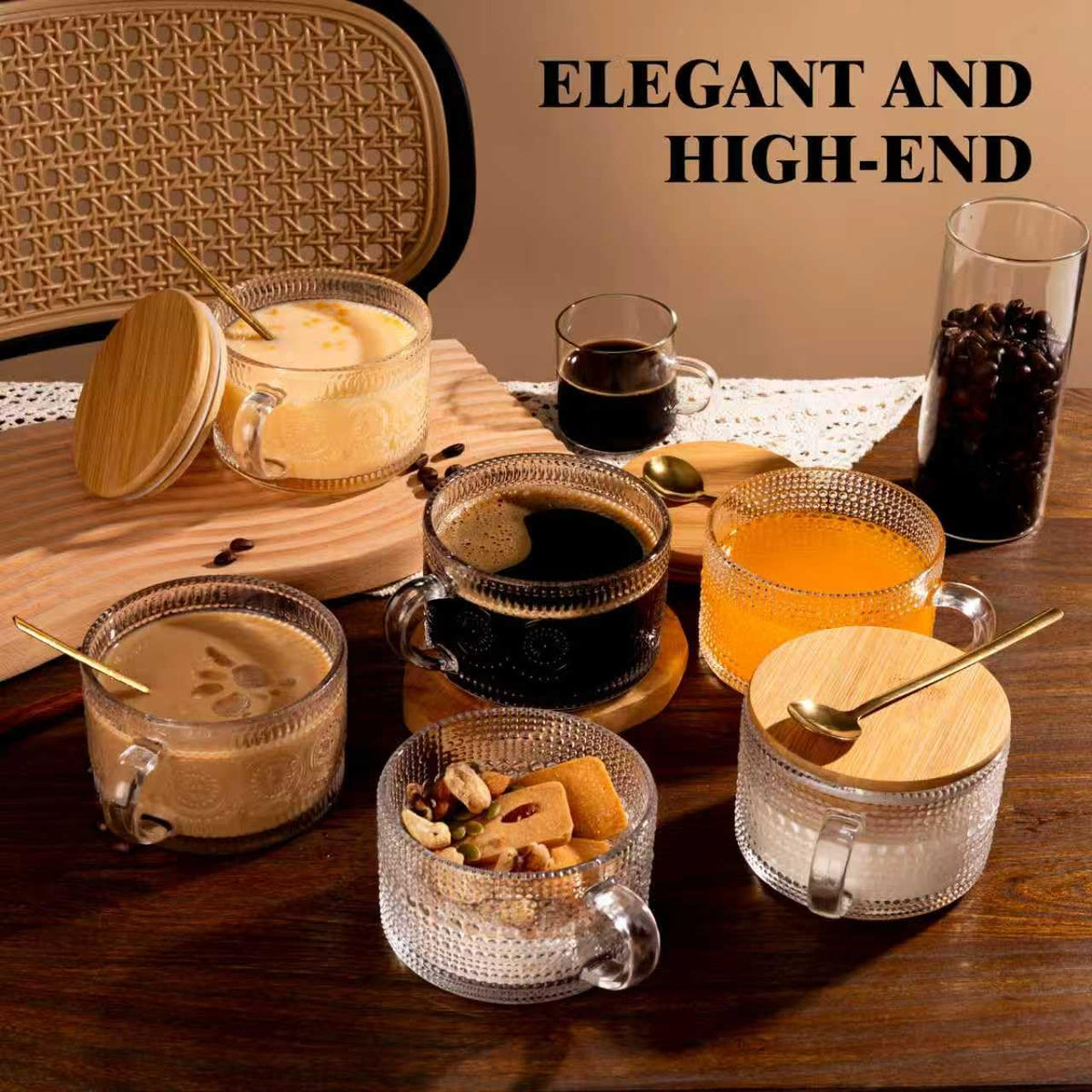 Six-mug set with lids and spoons ready for gifting.