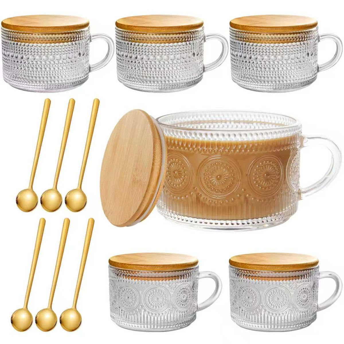ZHENGYAOYANG vintage glass mug with embossed pattern showcases clear detail for hot and cold beverages.