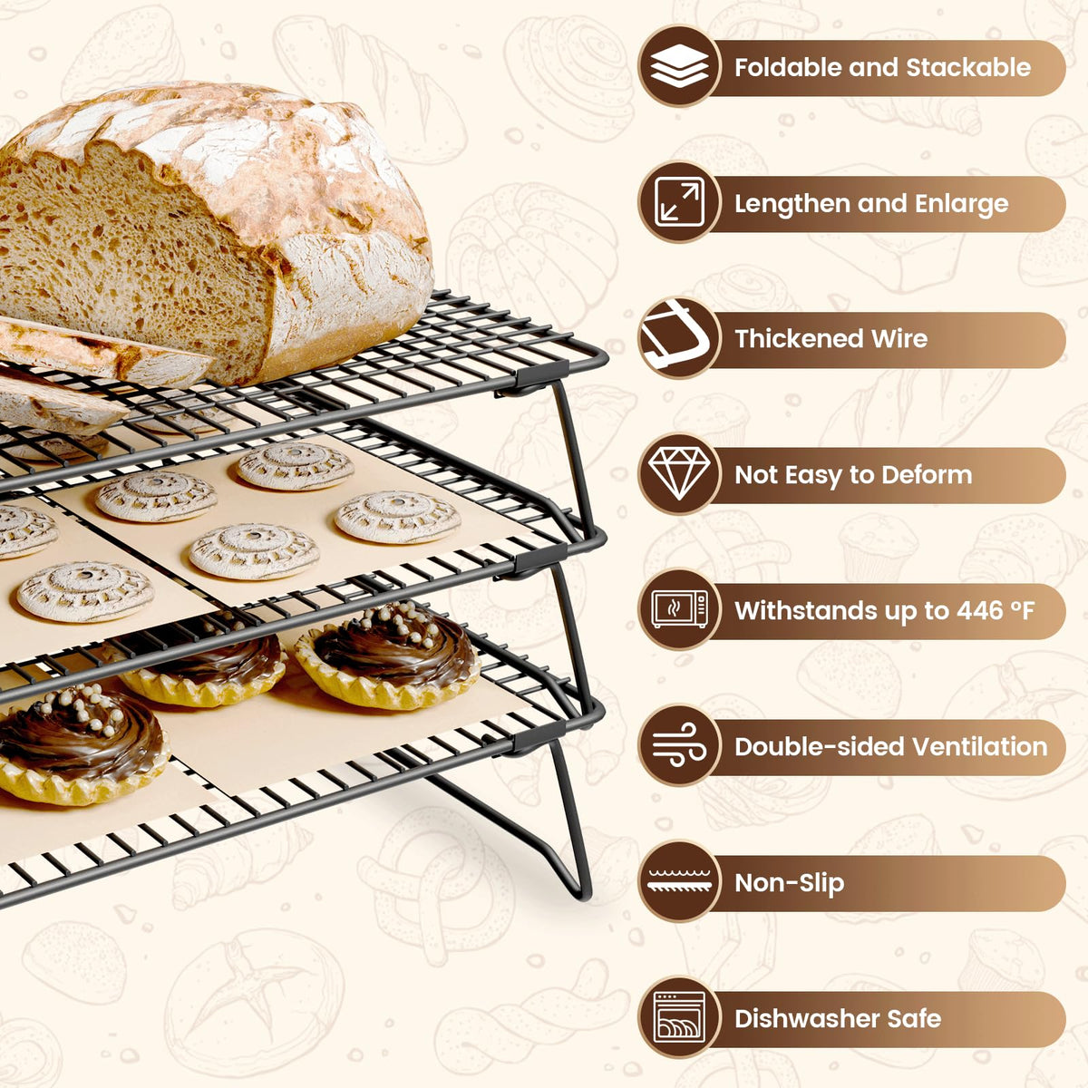 ZHIWUJIA collapsible baking rack in a compact folded form for storage.