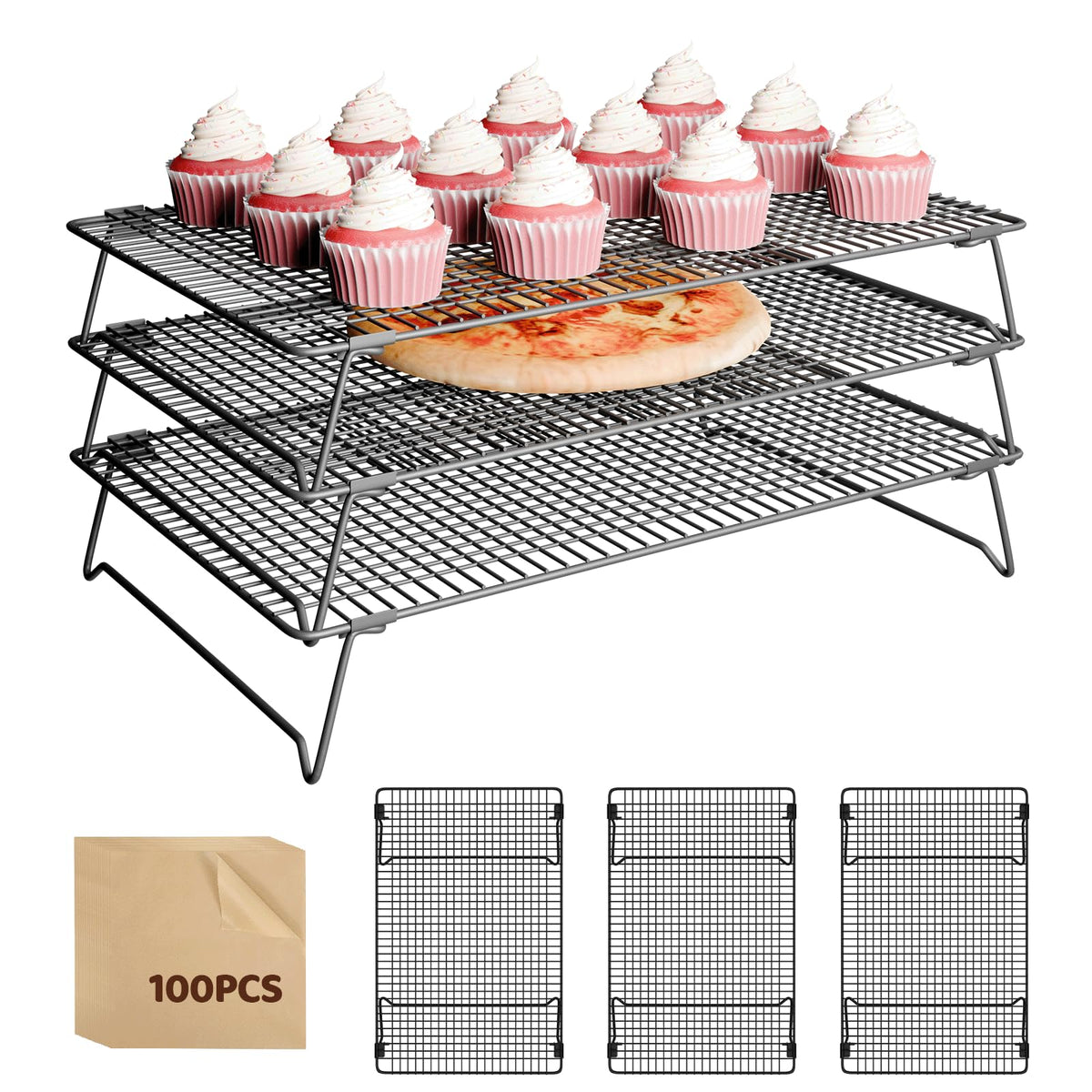 ZHIWUJIA three-layer detachable cooling rack showing flexible height options for cookies and bread.