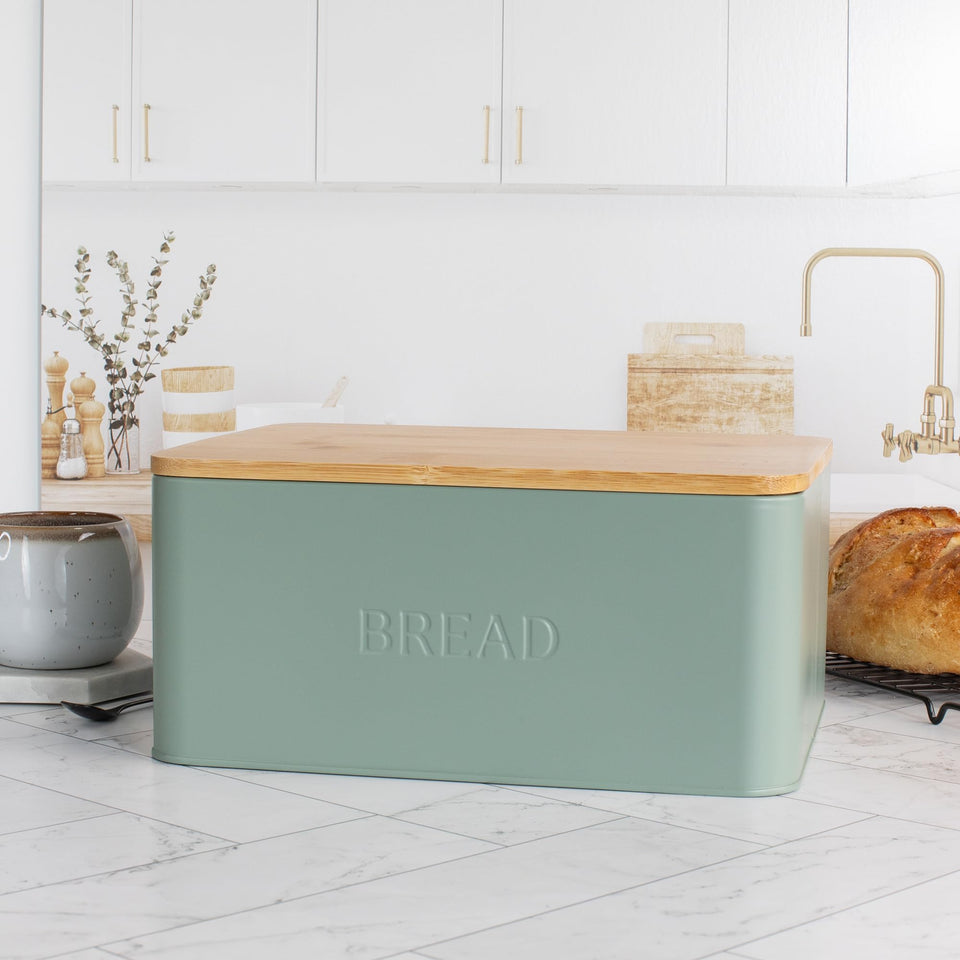 ZICOTO bread box with bamboo lid on counter keeps bread fresh.