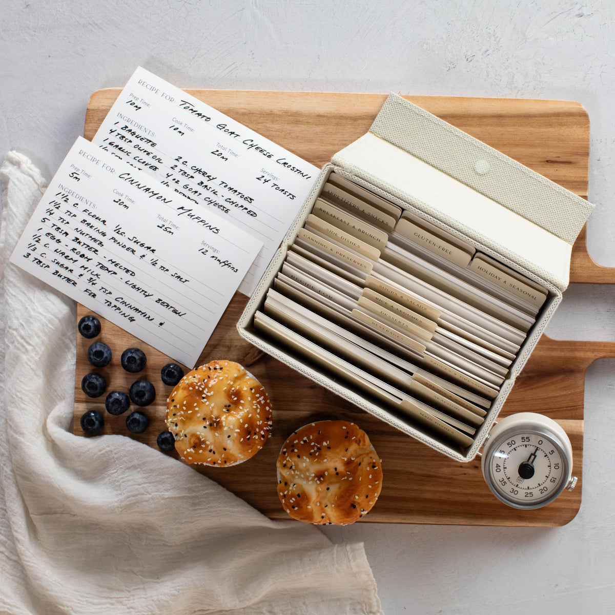ZICOTO Beautiful Linen Recipe Box closed with label holder for quick indexing