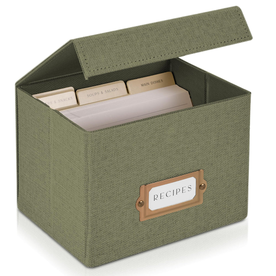 ZICOTO Beautiful Linen Recipe Box cover in sage adds elegant storage