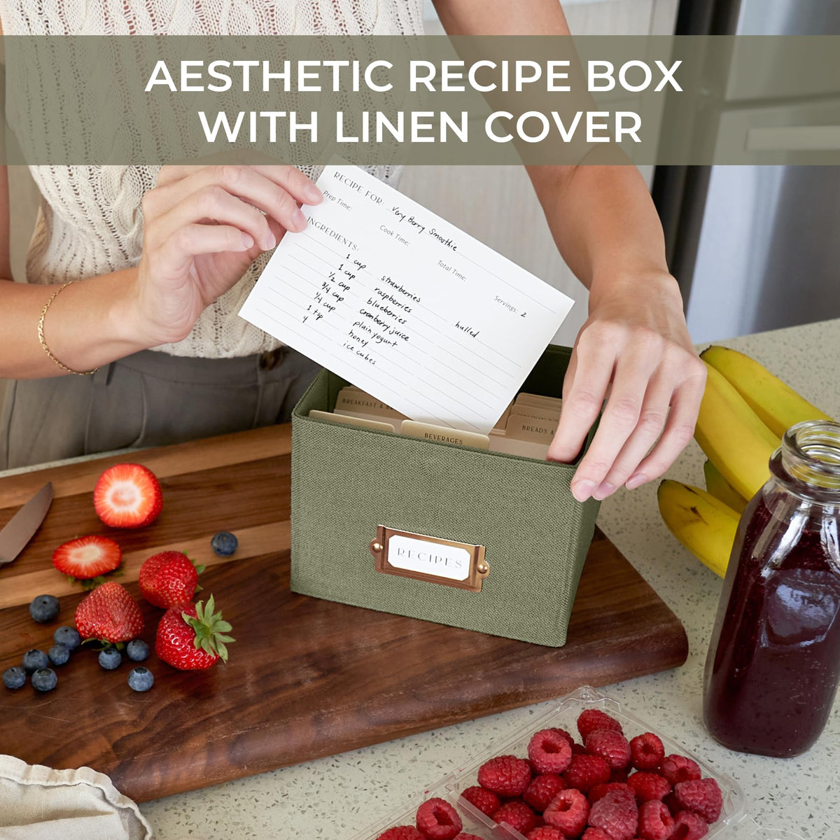 ZICOTO Beautiful Linen Recipe Box inside holds recipe cards and keeps recipes accessible