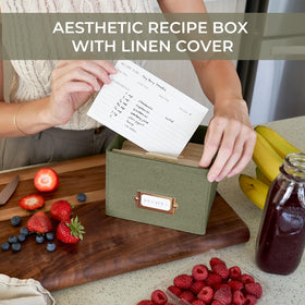 ZICOTO Beautiful Linen Recipe Box inside holds recipe cards and keeps recipes accessible