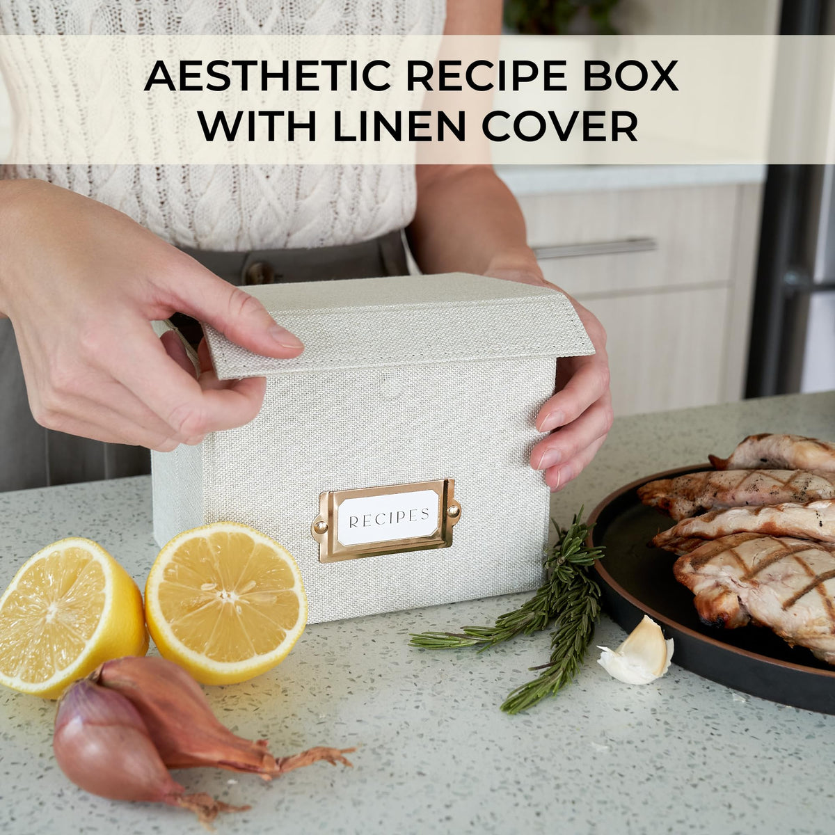 ZICOTO Beautiful Linen Recipe Box open revealing capacity for 250 cards