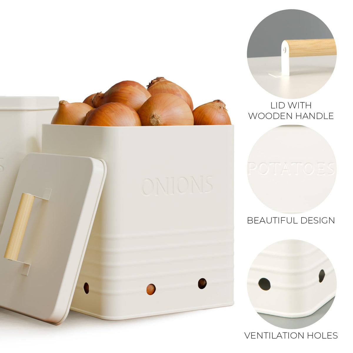 ZICOTO bin with vent holes promotes airflow for longer produce freshness.