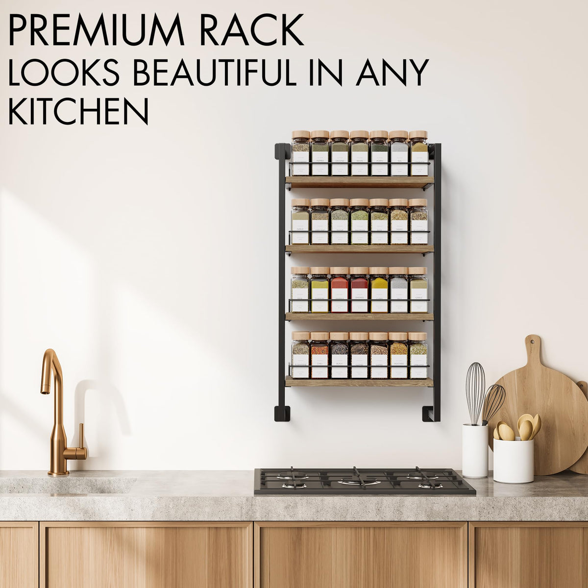 ZICOTO black spice rack with brown shelves complements modern kitchens