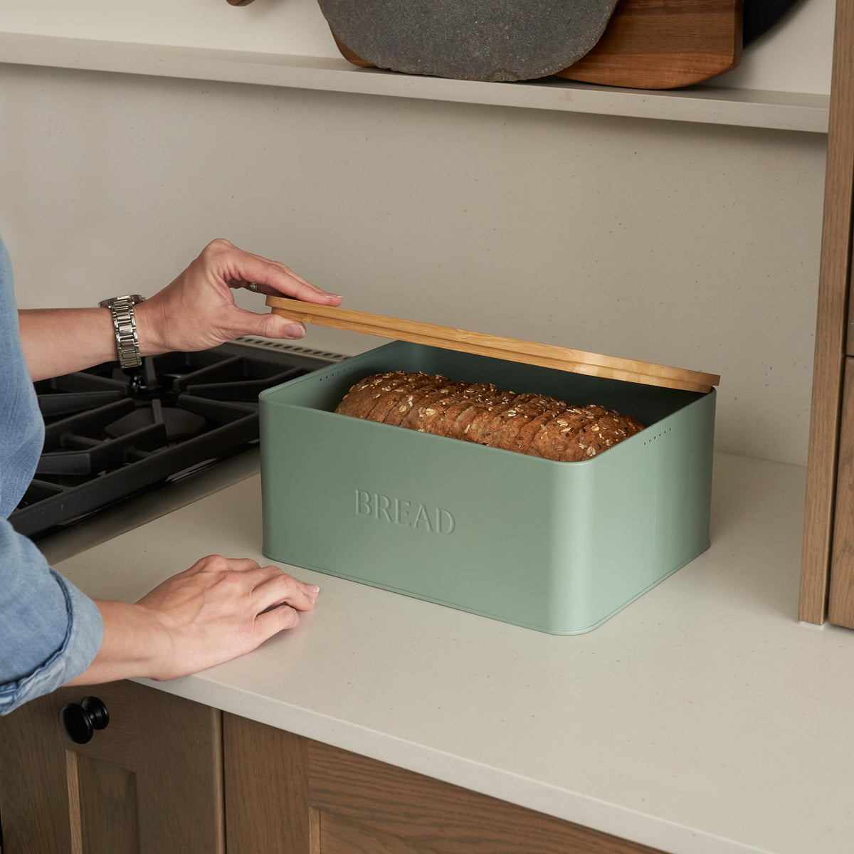 Compact 11.5x9 inch ZICOTO bread box saves counter space.