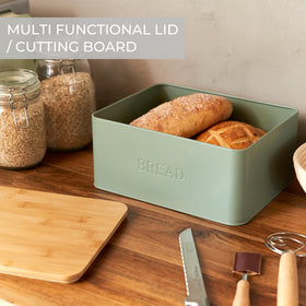 Sage-colored ZICOTO bread box adds stylish modern kitchen decor.