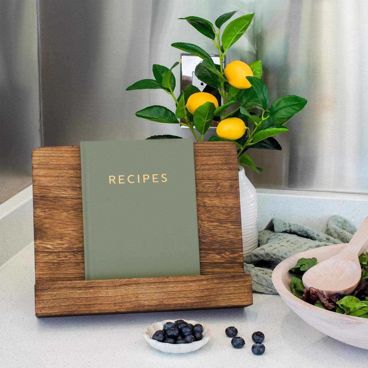ZICOTO cookbook stand with walnut finish adds elegant kitchen style.