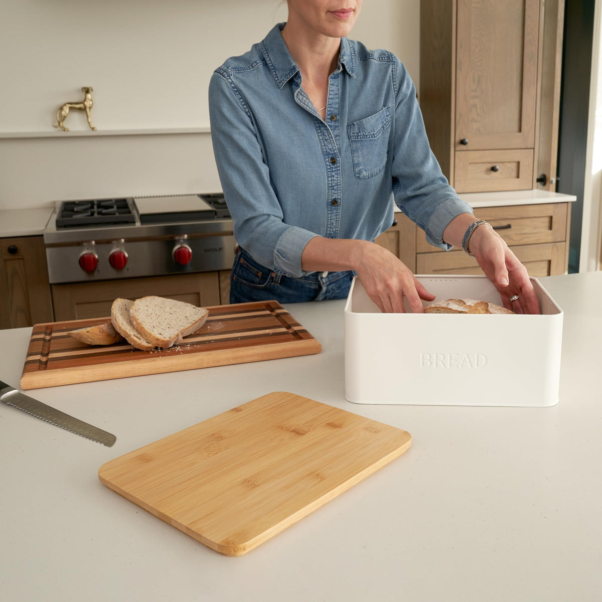 ZICOTO countertop bread storage with wooden lid – compact 11.5x5x9 inches for easy organization.