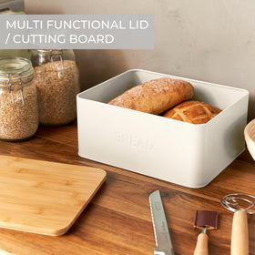 ZICOTO cream matte finish bread box with wooden lid – modern, chic accent for any counter.
