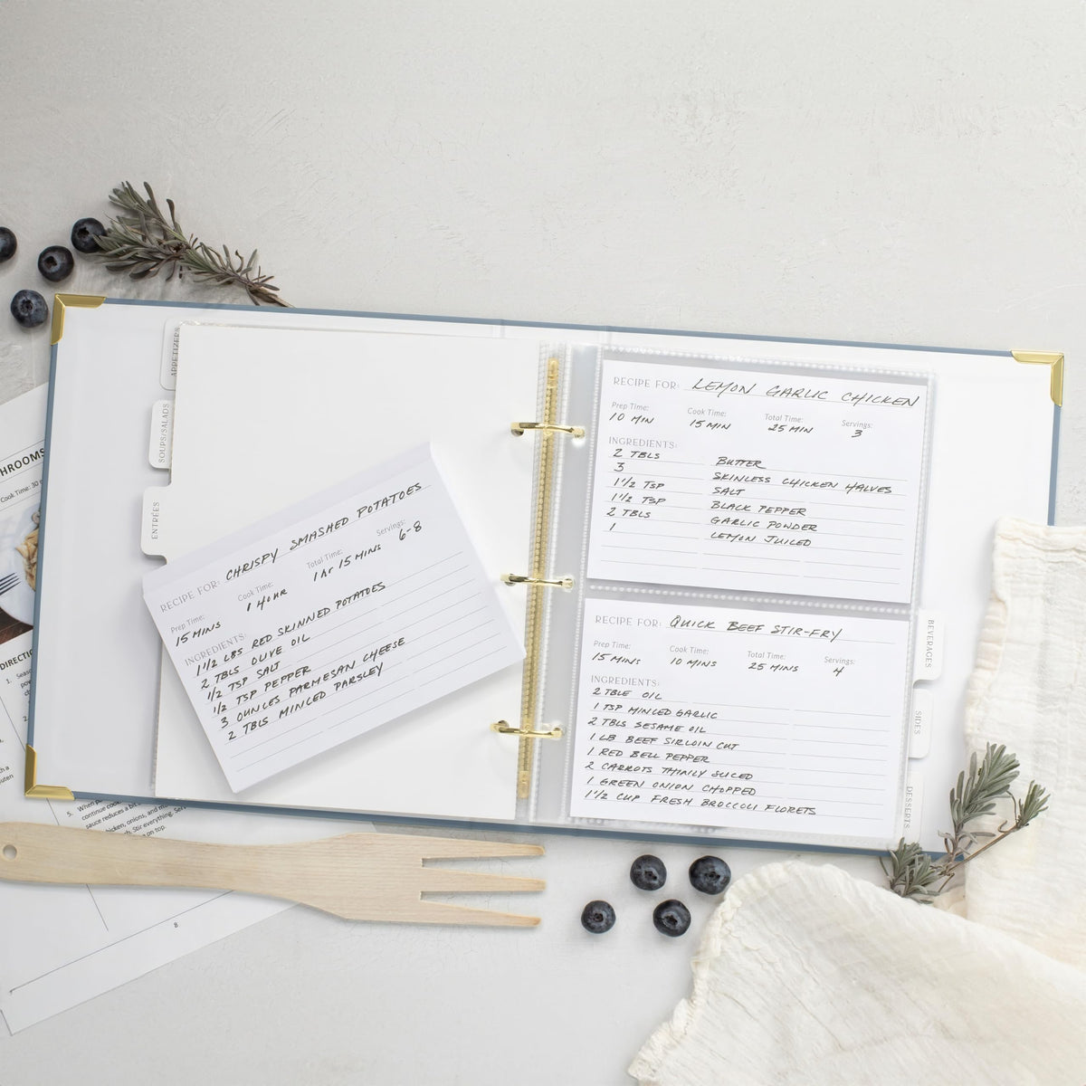 ZICOTO dusty blue cover close-up highlights a modern, stylish way to organize recipes.